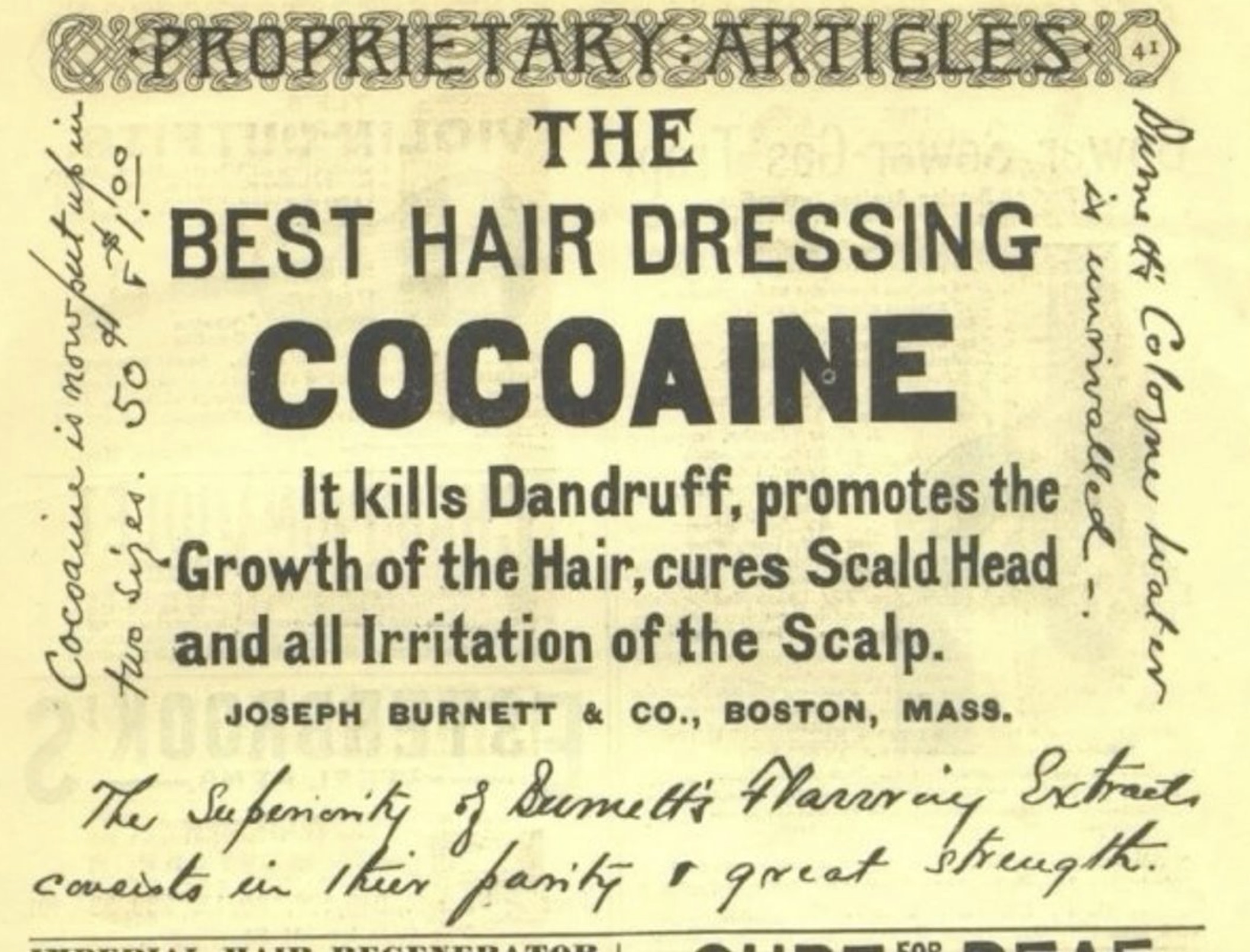 document - & Proprietary Artigles m Cocoaine is nowfect up in two sizes. 50. The Best Hair Dressing Cocoaine It kills Dandruff, promotes the Growth of the Hair, cures Scald Head and all Irritation of the Scalp. Joseph Burnett & Co., Boston, Mass. Jose is 